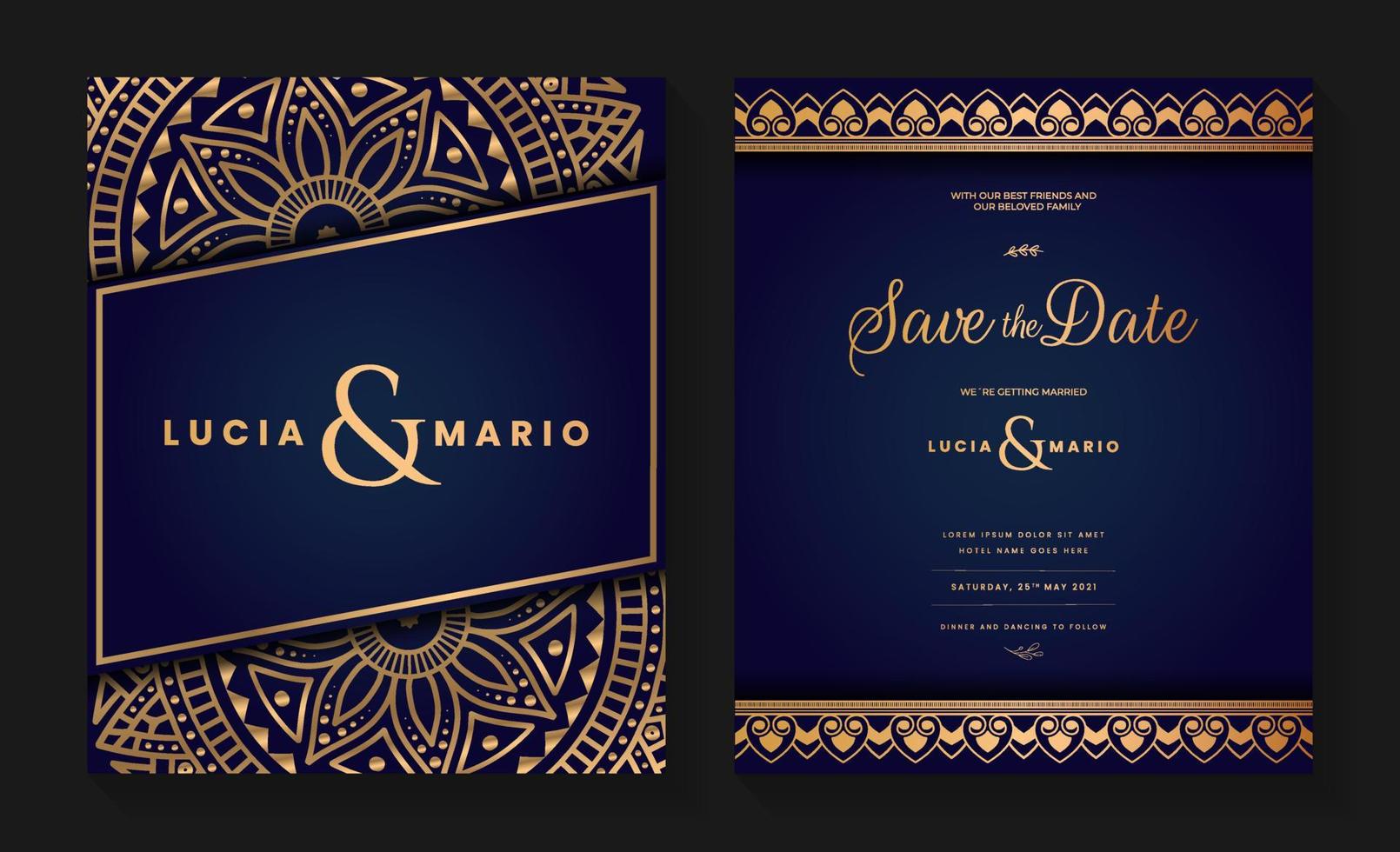 conception de cartes d'invitation de mariage de luxe avec mandala doré et motif abstrait, style d'arrière-plan arabe islamique est, mandala ornemental décoratif pour impression, affiche, couverture, dépliant et bannière. vecteur