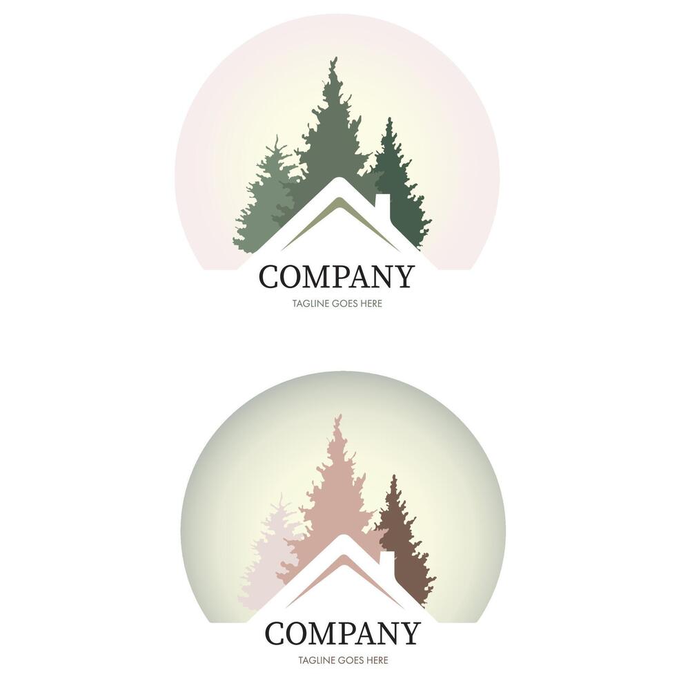 logo sous la forme d'une maison dans la forêt. style moderne et minimaliste, éléments géométriques, tons pastel et dorés calmes. illustration de logo vecteur