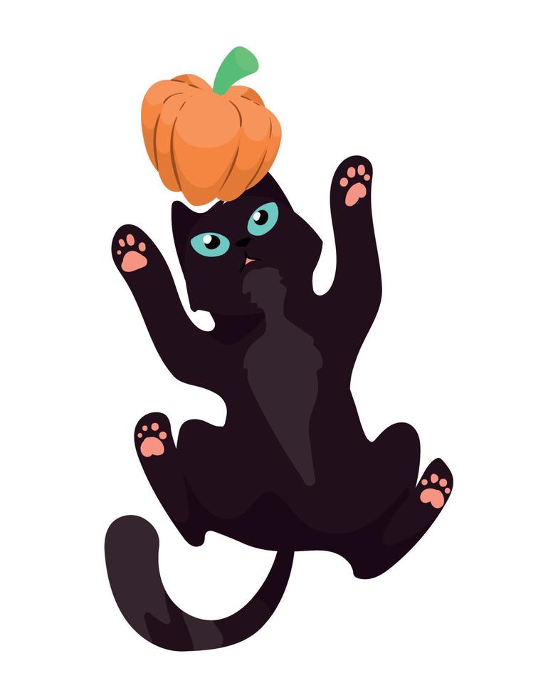 chat d'halloween jouant avec une citrouille vecteur