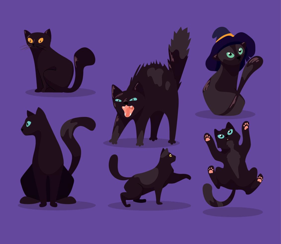 six mascottes de chats noirs vecteur