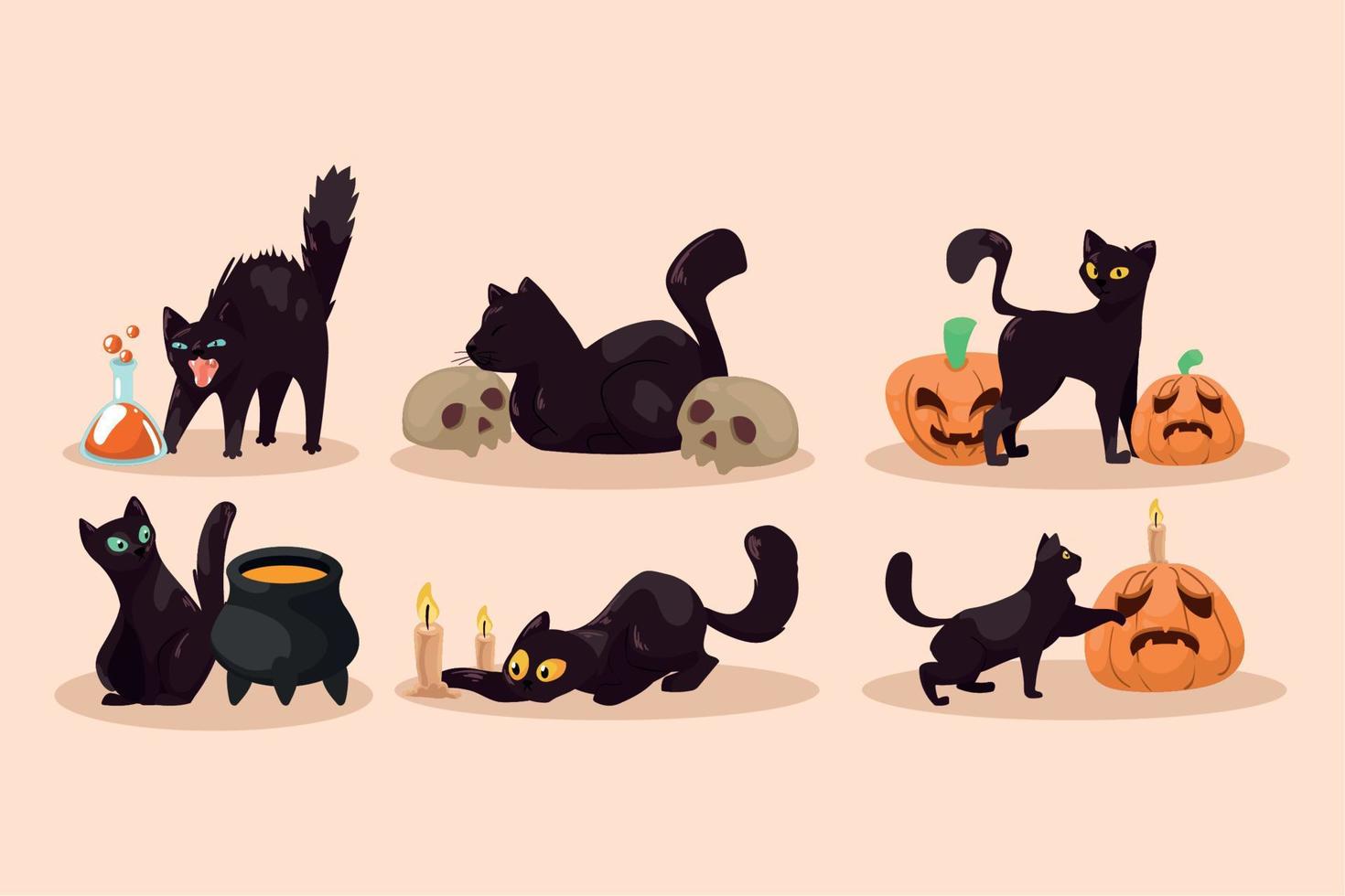 six mascottes de chats d'halloween vecteur