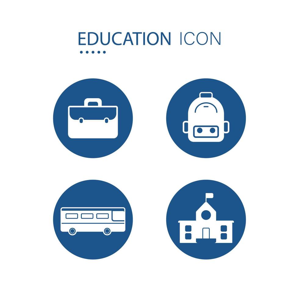 symbole des icônes de l'éducation et de l'équipement scolaire sur la forme du cercle bleu telles que les icônes du bus scolaire et du sac d'école isolés sur fond blanc. illustration vectorielle. vecteur