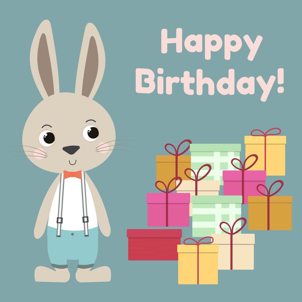 carte d'anniversaire avec lapin mignon en costume, cadeaux et texte joyeux anniversaire sur fond bleu vecteur