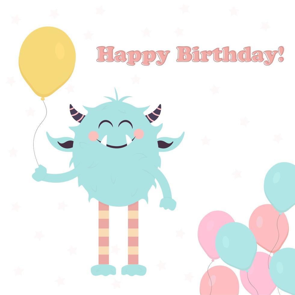 illustration avec texte joyeux anniversaire et mignon monstre bleu souriant tenant un ballon jaune. l'illustration peut être utilisée comme carte postale ou invitation. vecteur