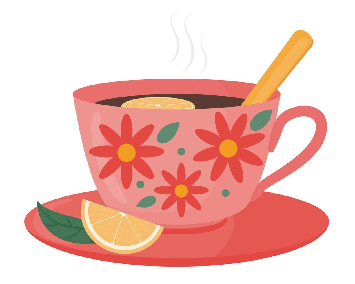 une grande tasse de thé noir avec du citron et une feuille de thé vert. dessin vectoriel. vecteur