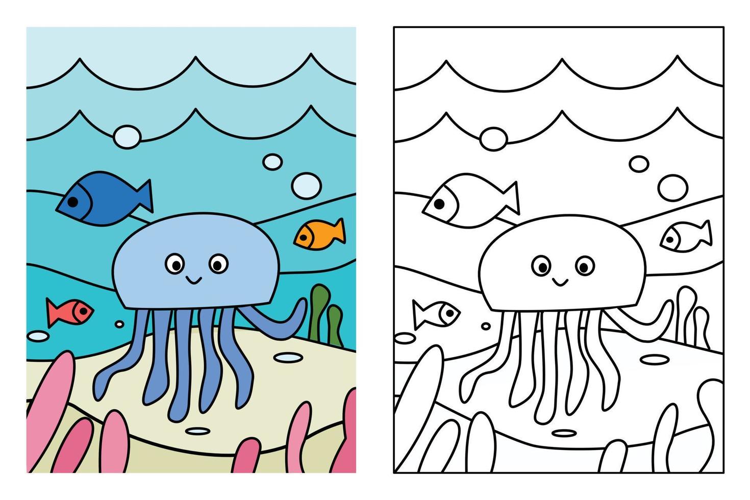 page de coloriage méduse et océan profond pour les enfants dessinant l'éducation. illustration de dessin animé simple dans le thème fantastique pour livre de coloriage vecteur