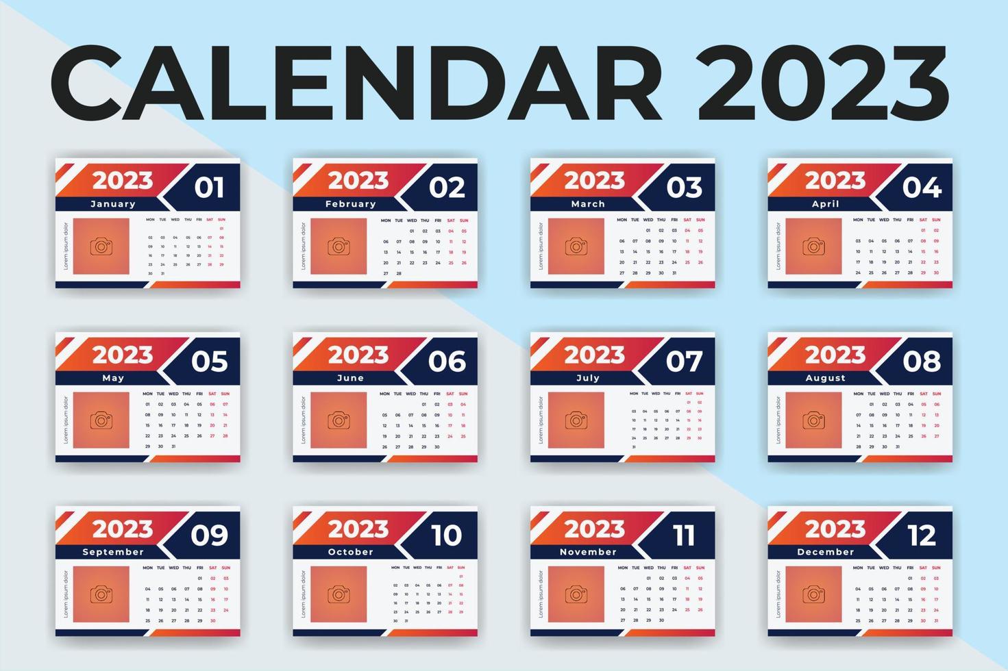 conception de calendrier 2023, modèle de calendrier 2023, conception de calendrier 12 pages 2023, conception de calendrier de bureau 2023 vecteur