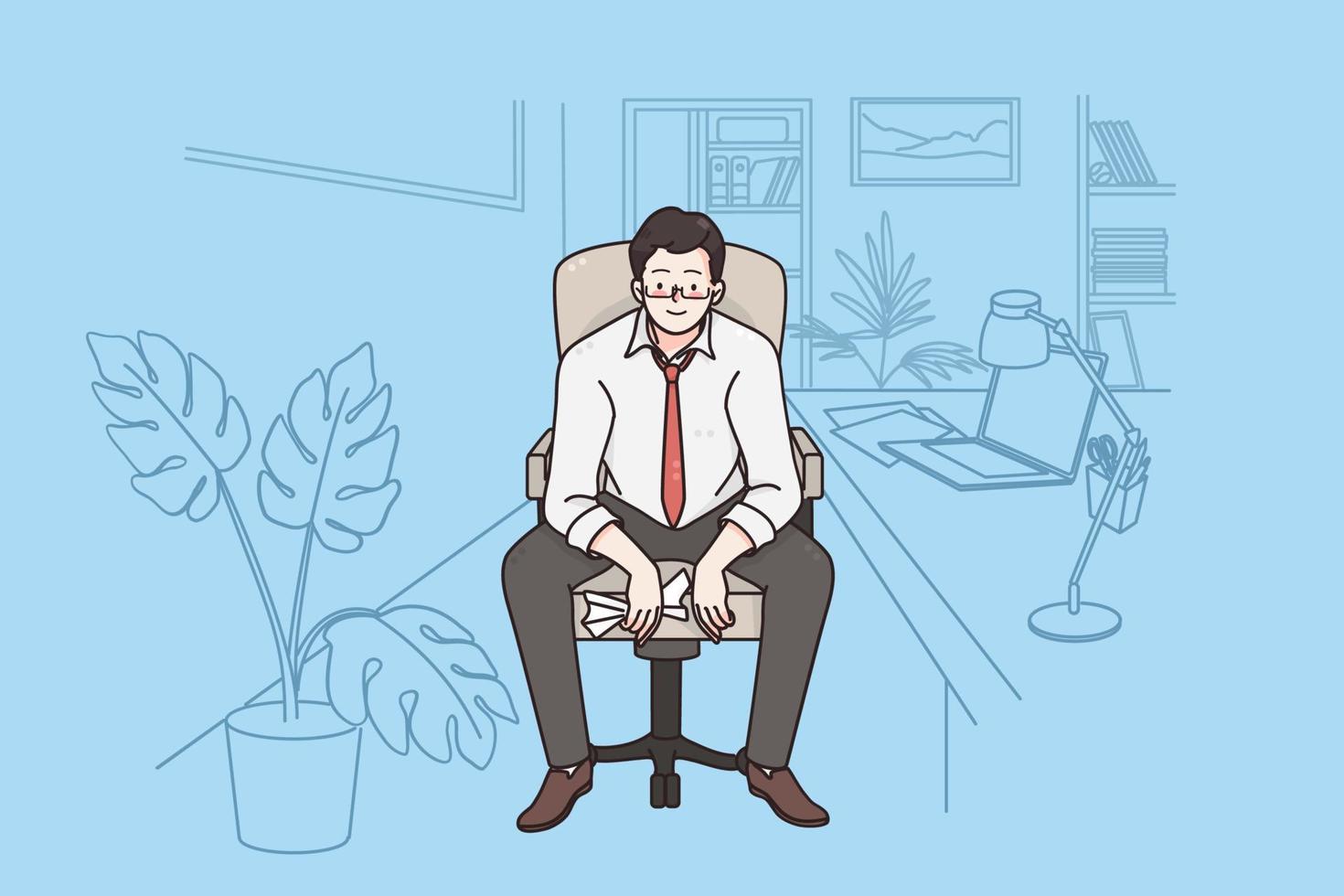 homme d'affaires travaillant dans le concept de bureau. personnage de dessin animé de jeune homme d'affaires positif assis sur une chaise en regardant la caméra sur le lieu de travail en illustration vectorielle de bureau vecteur