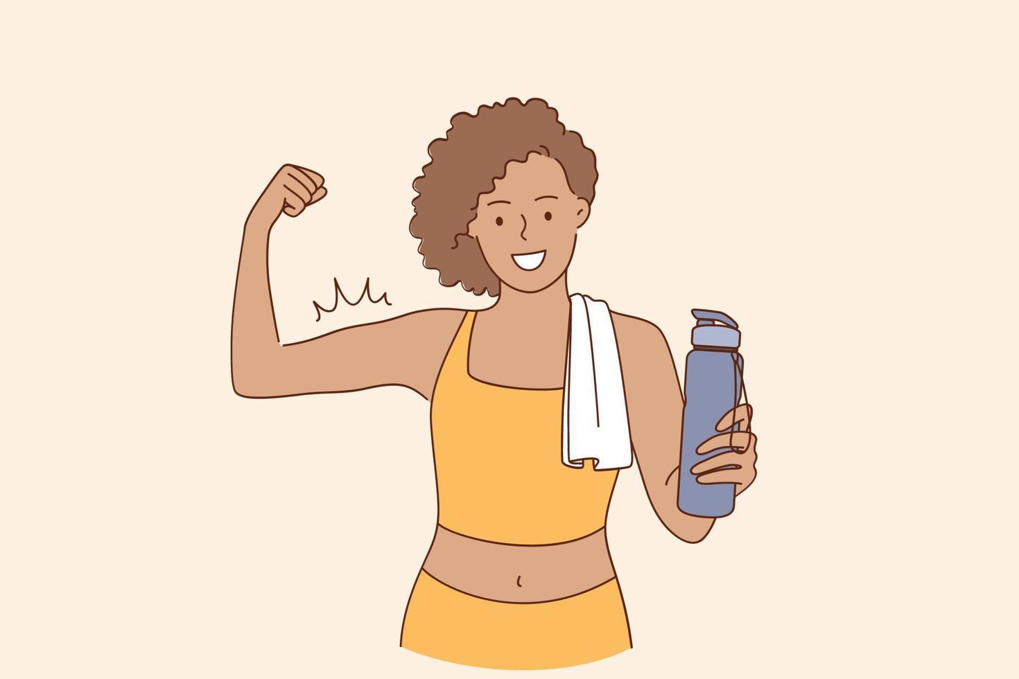 mode de vie actif et concept d'entraînement. personnage de dessin animé de femme de remise en forme gaie en vêtements de sport debout après l'athlète d'entraînement montrant la puissance et l'illustration vectorielle de biceps vecteur