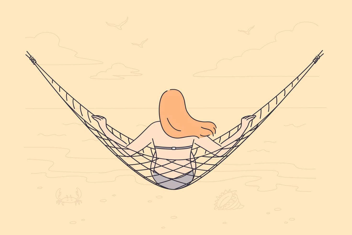 concept de détente et de vacances. jeune femme assise à l'envers et se reposant dans un hamac pendant les vacances en voyage sur l'illustration vectorielle de la plage vecteur