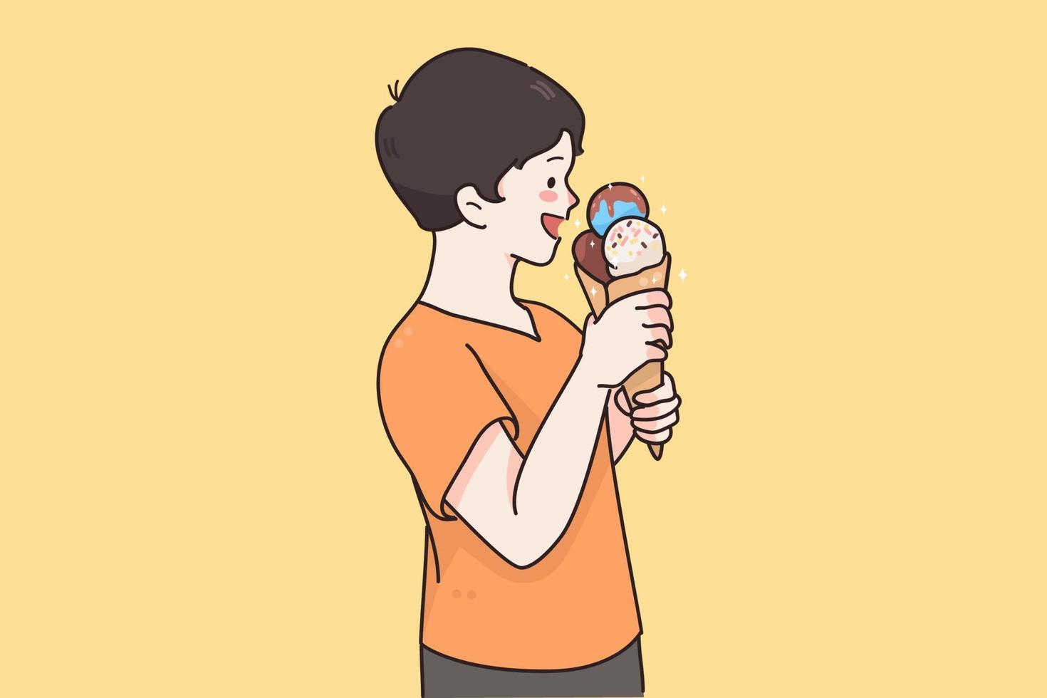 enfant heureux mangeant le concept de bonbons. souriant positif enfant garçon personnage de dessin animé debout et manger dessert sucré illustration vectorielle de sucette glacée vecteur