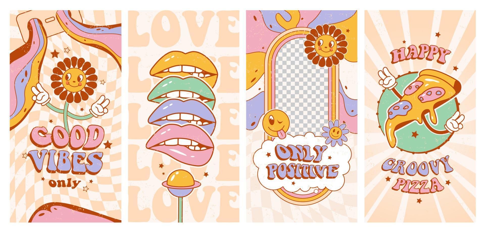 ensemble d'affiches groovy hippie des années 70. ondes positives. fleurs drôles, pizza, lèvres, amour dans un style de dessin animé psychédélique rétro à la mode. vecteur