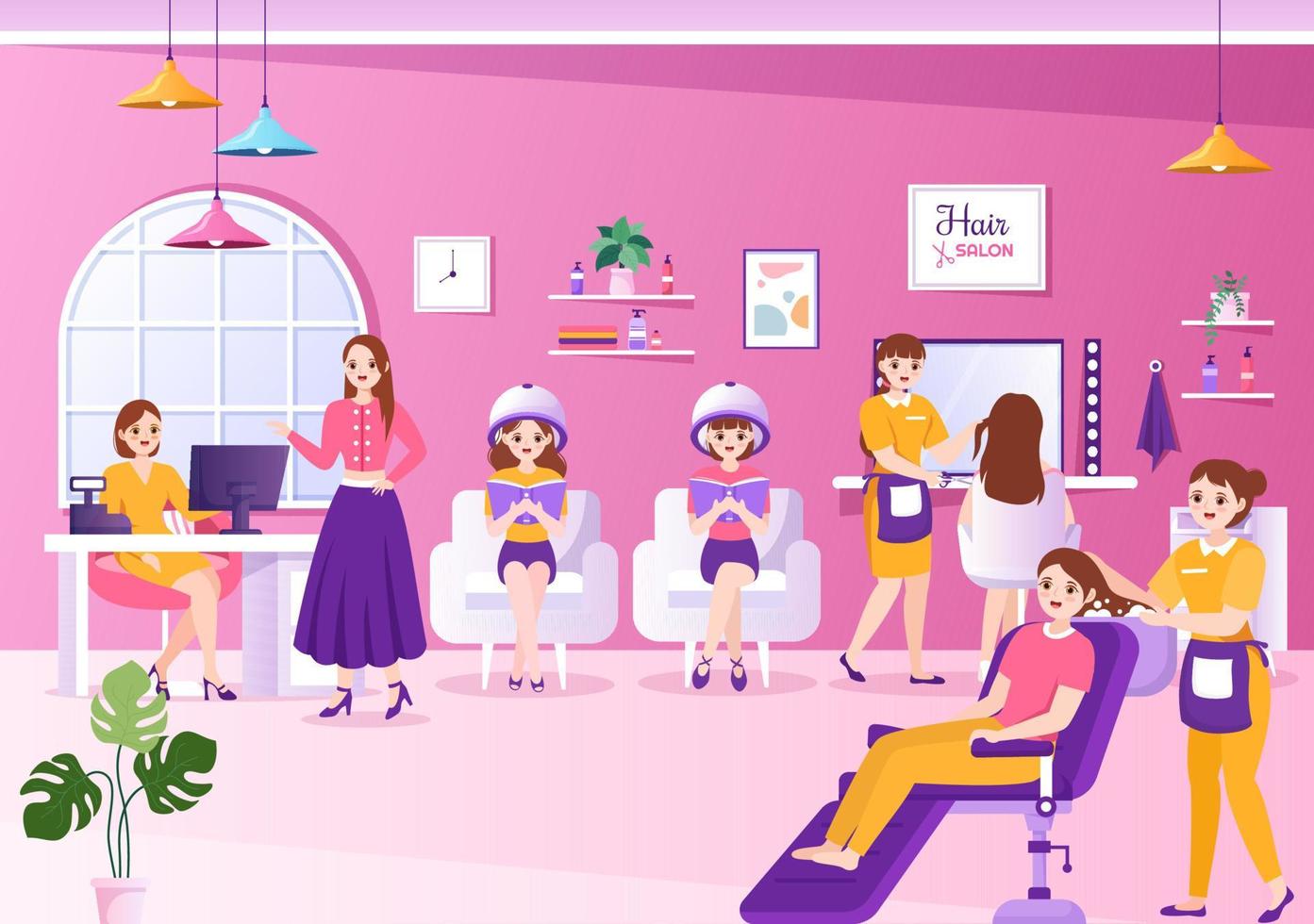 salon de coiffure avec coiffeur, coupe de cheveux, soins capillaires et coiffure dans un salon de beauté ou barbier en illustration de modèles dessinés à la main dessin animé plat vecteur