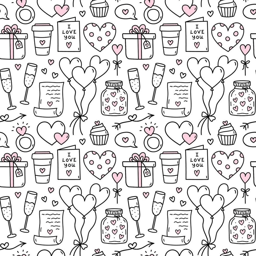 joli motif harmonieux pour la saint-valentin avec coeurs, ballons, cadeaux, champagne, lettres d'amour. illustration vectorielle de doodle dessinés à la main. parfait pour les motifs de vacances, les imprimés, les décorations, le papier d'emballage. vecteur