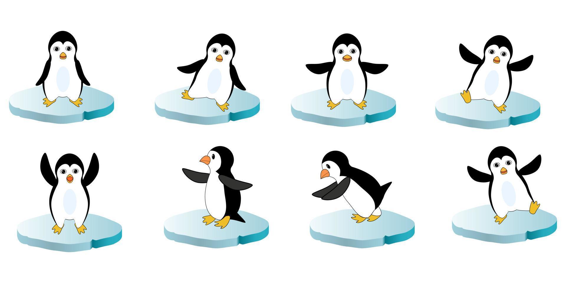 ensemble d'images vectorielles de pingouins faisant des exercices sportifs. des personnages de dessins animés sont utilisés. peuvent être utilisés pour des impressions sur du papier d'emballage en tissu pour bébé et des cartes postales. vecteur