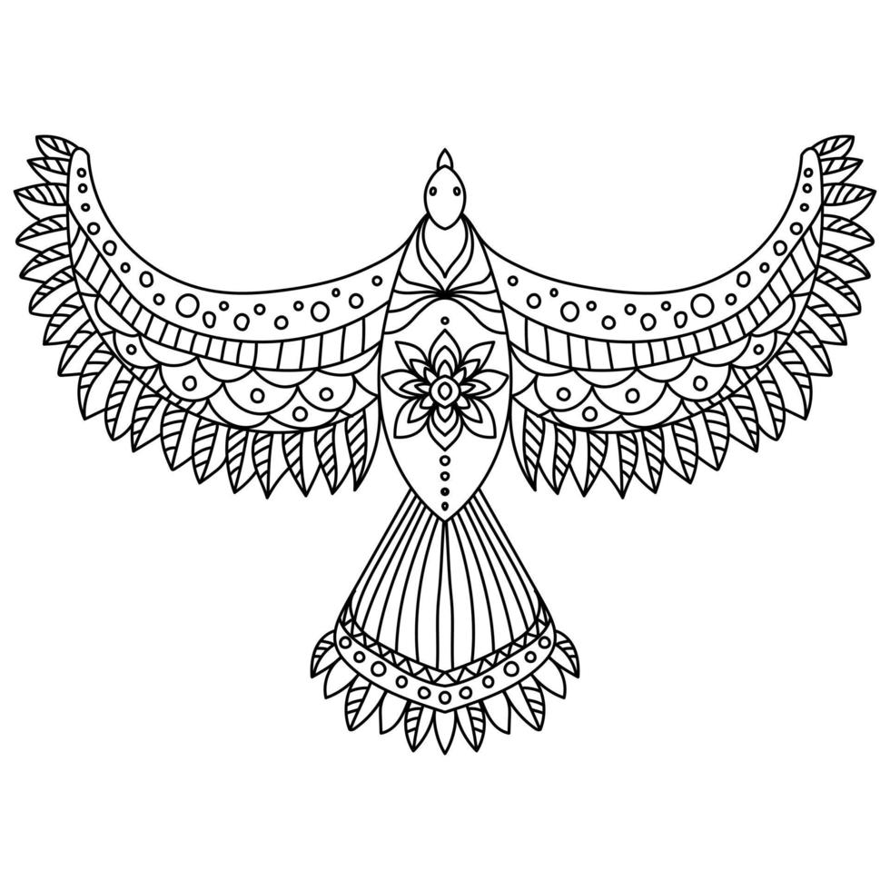 oiseau volant fantastique avec des ailes à motifs, coloriage méditatif avec personnage volant vecteur