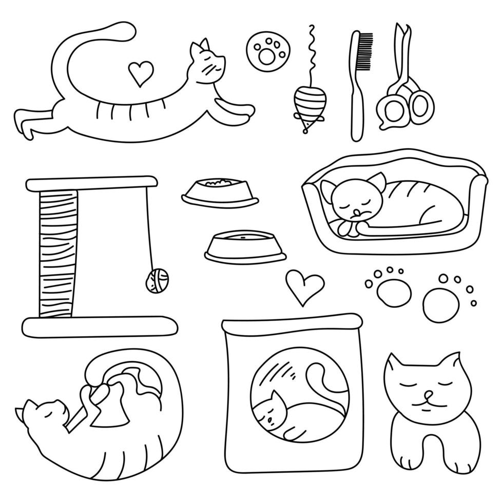 un ensemble d'accessoires de griffonnage pour un chat, un animal de compagnie dans diverses poses et une variété d'articles de toilettage vecteur
