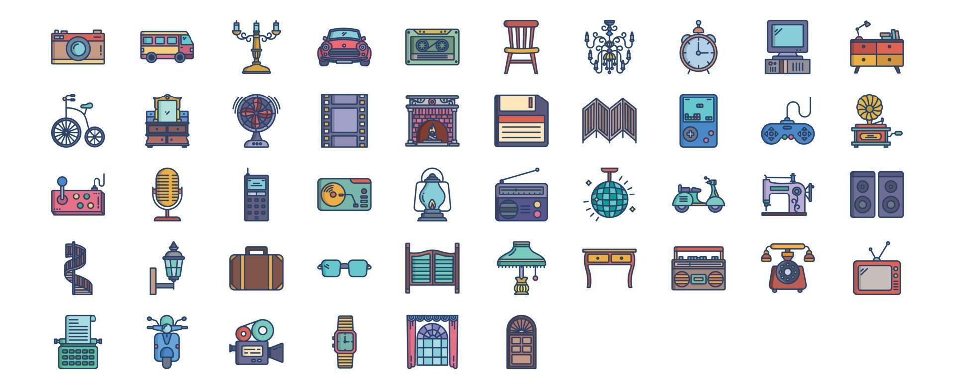 collection d'icônes liées aux objets de style rétro 80c, y compris des icônes comme camara, camping-car, voiture, horloge et plus encore. illustrations vectorielles, ensemble parfait de pixels vecteur