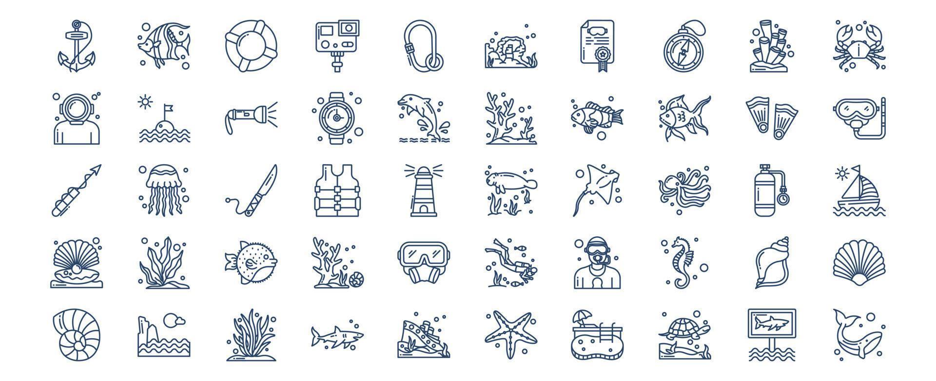 collection d'icônes liées à la vie marine, y compris des icônes comme l'ancre, le poisson, le corail, le casque de plongée, le dauphin et plus encore. illustrations vectorielles, ensemble parfait de pixels vecteur