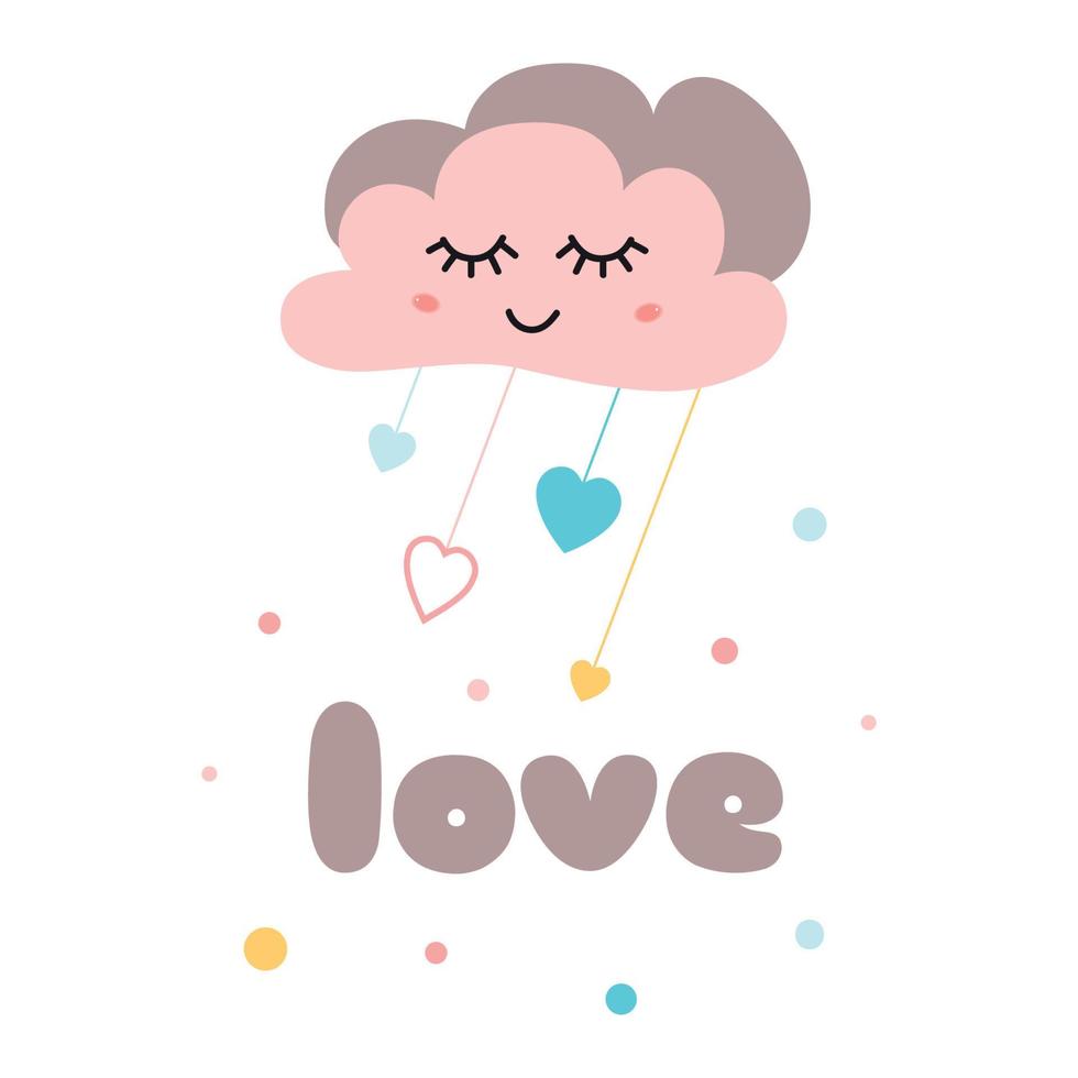 texte d'affiche pour enfants amour nuage rose mignon avec des yeux carte d'arrivée de bébé heureux élément mignon pour la conception de fête de bébé modèle d'impression de style dessin animé enfantin avec lettrage en illustration vectorielle de couleurs vives. vecteur