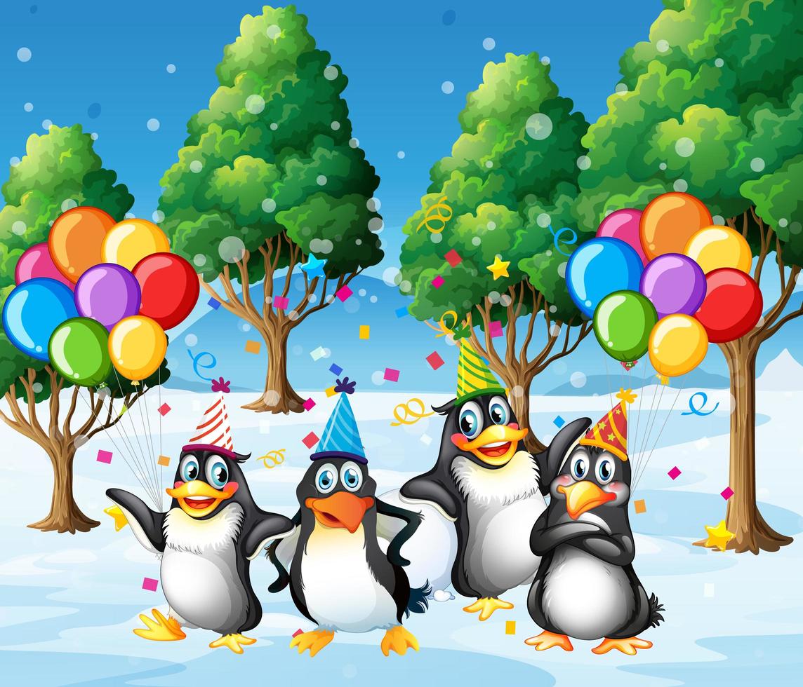 Groupe de pingouins en personnage de dessin animé de thème de fête sur fond de forêt vecteur