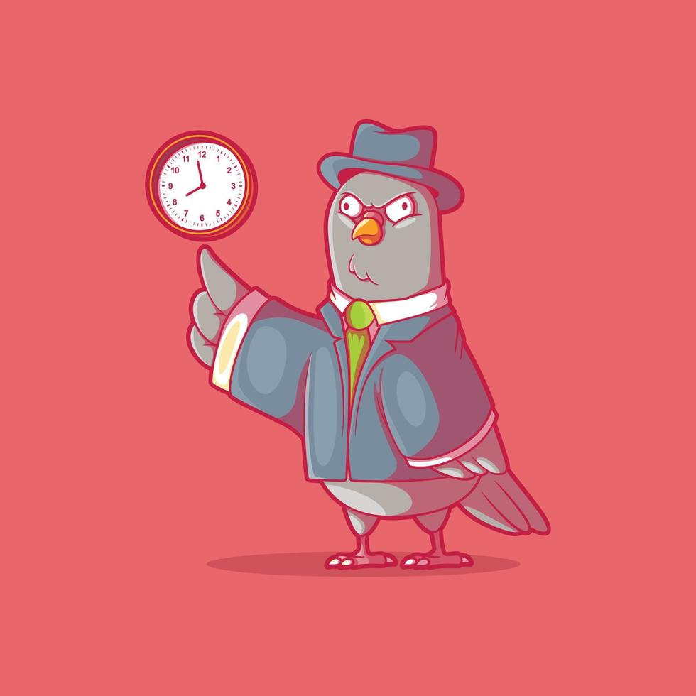 patron de pigeon pointant sur l'illustration vectorielle de l'horloge. travail, temps, concept de design d'homme d'affaires. vecteur