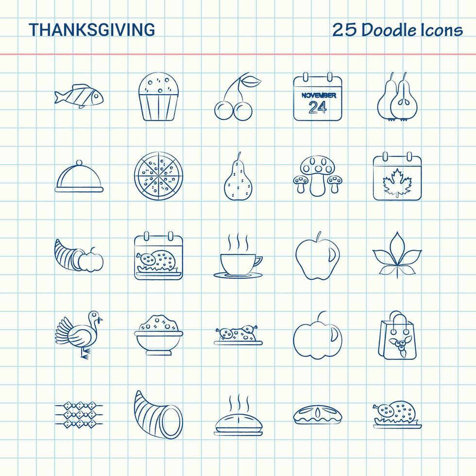 thanksgiving 25 icônes doodle jeu d'icônes d'affaires dessinés à la main vecteur