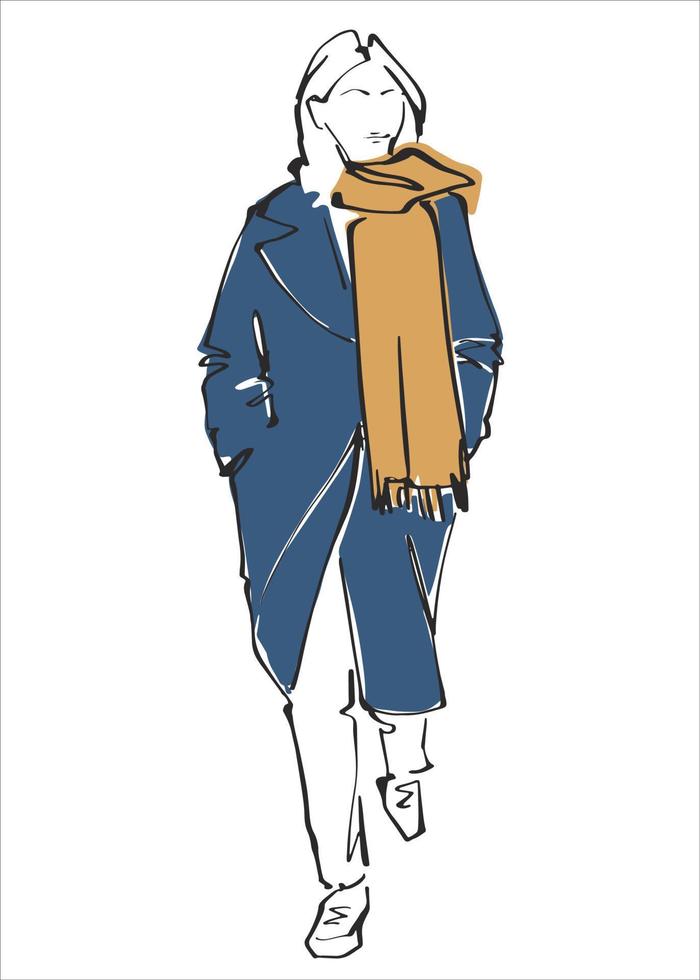 jeune fille à la mode dans un manteau bleu avec une écharpe. illustration d'art vectoriel de la mode de rue. illustration dans le style d'art en ligne. image de style de rue.