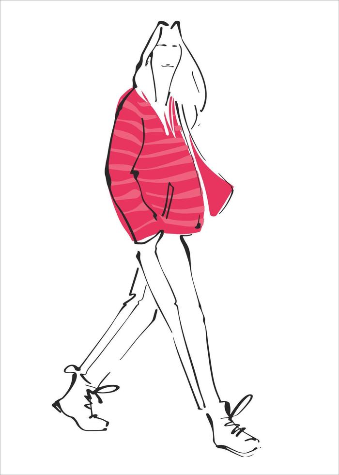 jeune fille à la mode dans une veste rose. illustration d'art vectoriel de la mode de rue. illustration dans le style d'art en ligne. image de style de rue.