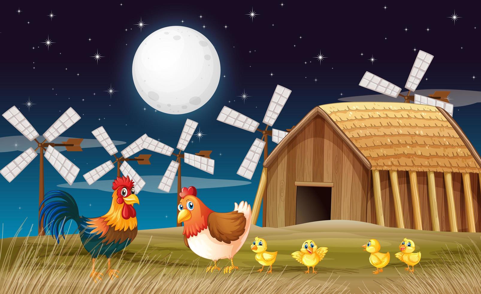 scène de ferme avec grange et moulin à vent et poulet la nuit vecteur