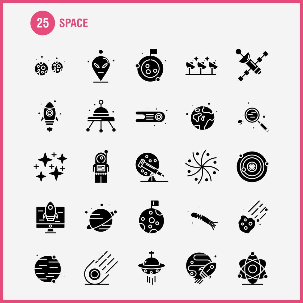 les icônes de glyphe solide de l'espace sont définies pour l'infographie le kit uxui mobile et la conception d'impression incluent le transport spatial de fusée lune planète espace vaisseau spatial télescope jeu d'icônes vecteur