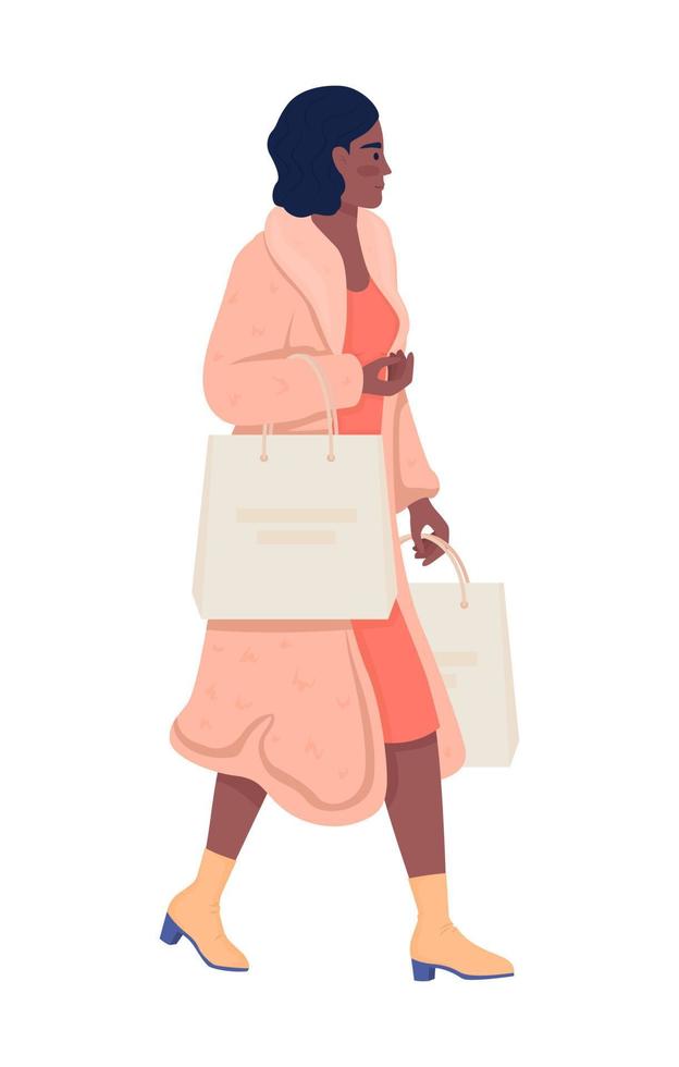 dame à la mode en manteau rose avec achats caractère vectoriel de couleur semi-plat. figure modifiable. personne de tout le corps sur blanc. illustration de style dessin animé simple pour la conception graphique et l'animation web