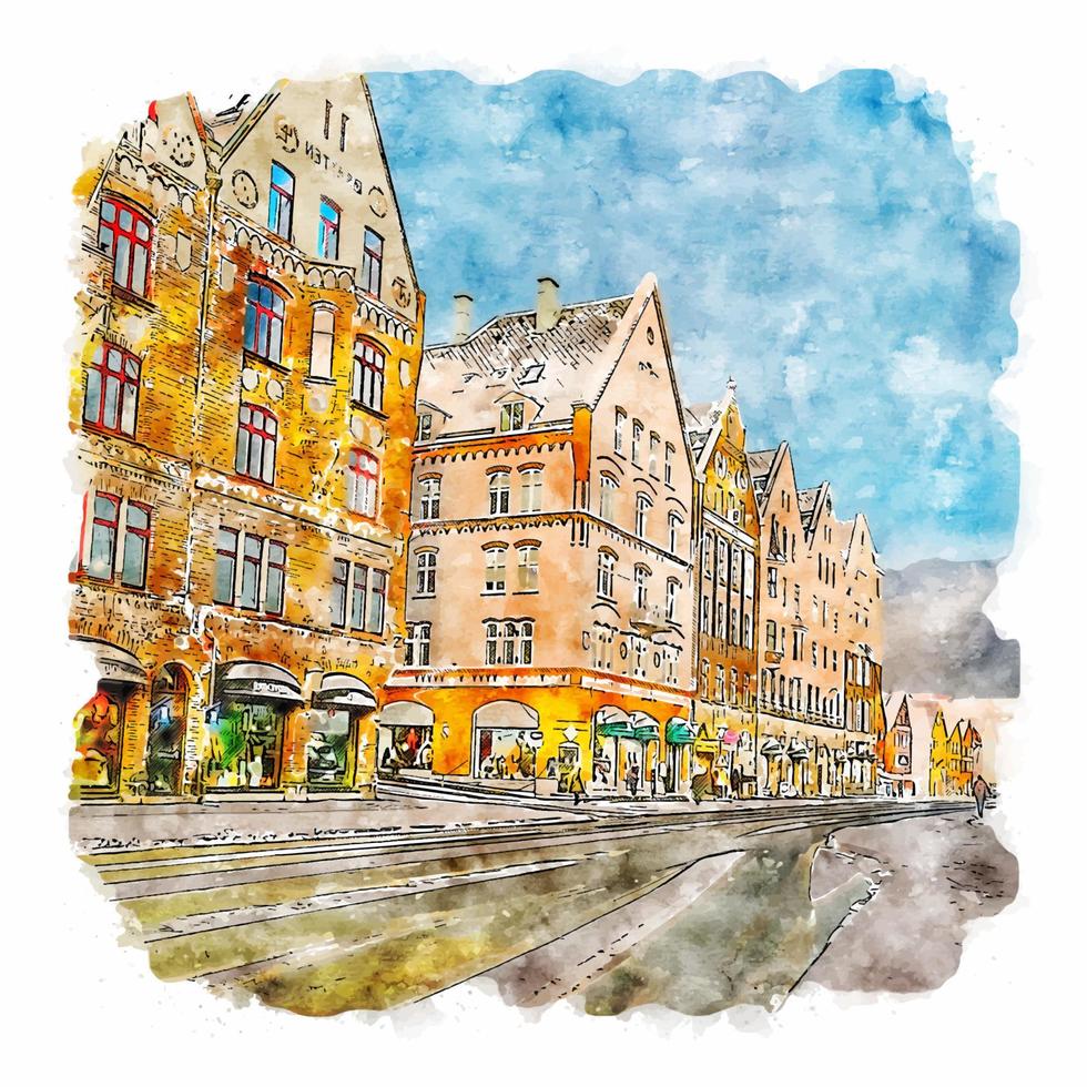 bergen hordaland croquis aquarelle illustration dessinée à la main vecteur