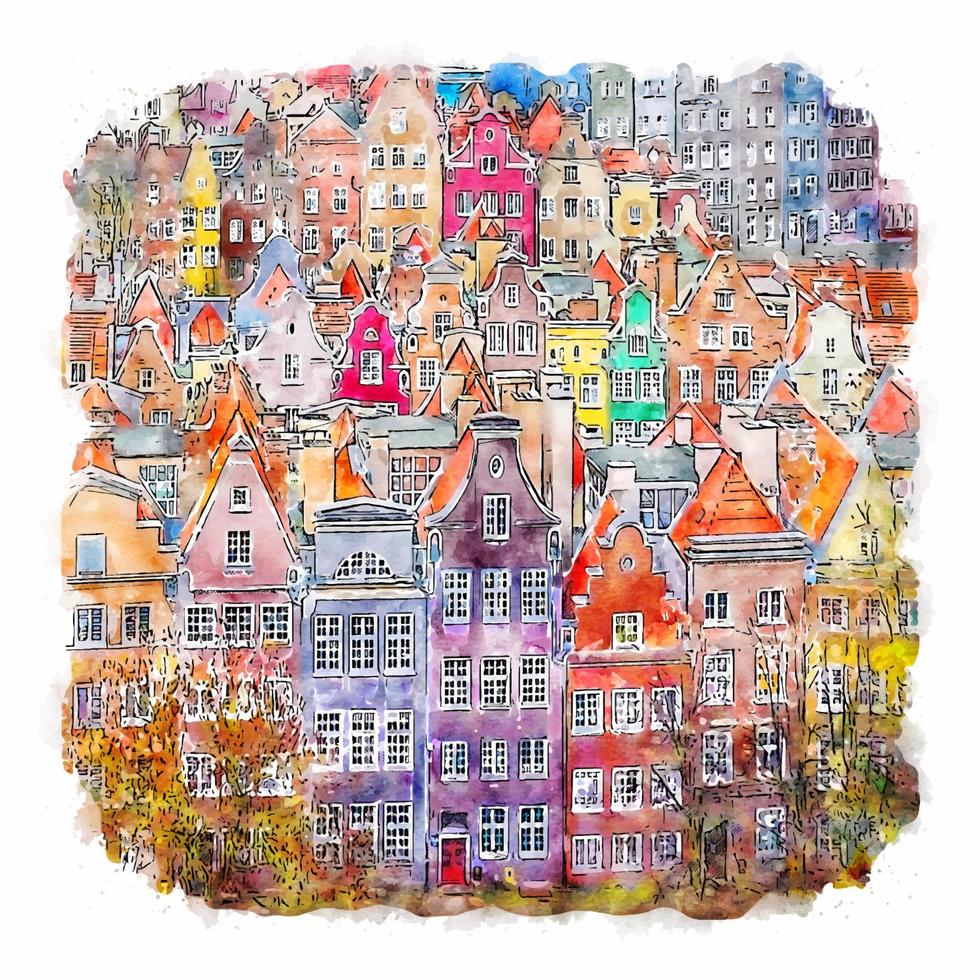 gdansk pologne croquis aquarelle illustration dessinée à la main vecteur