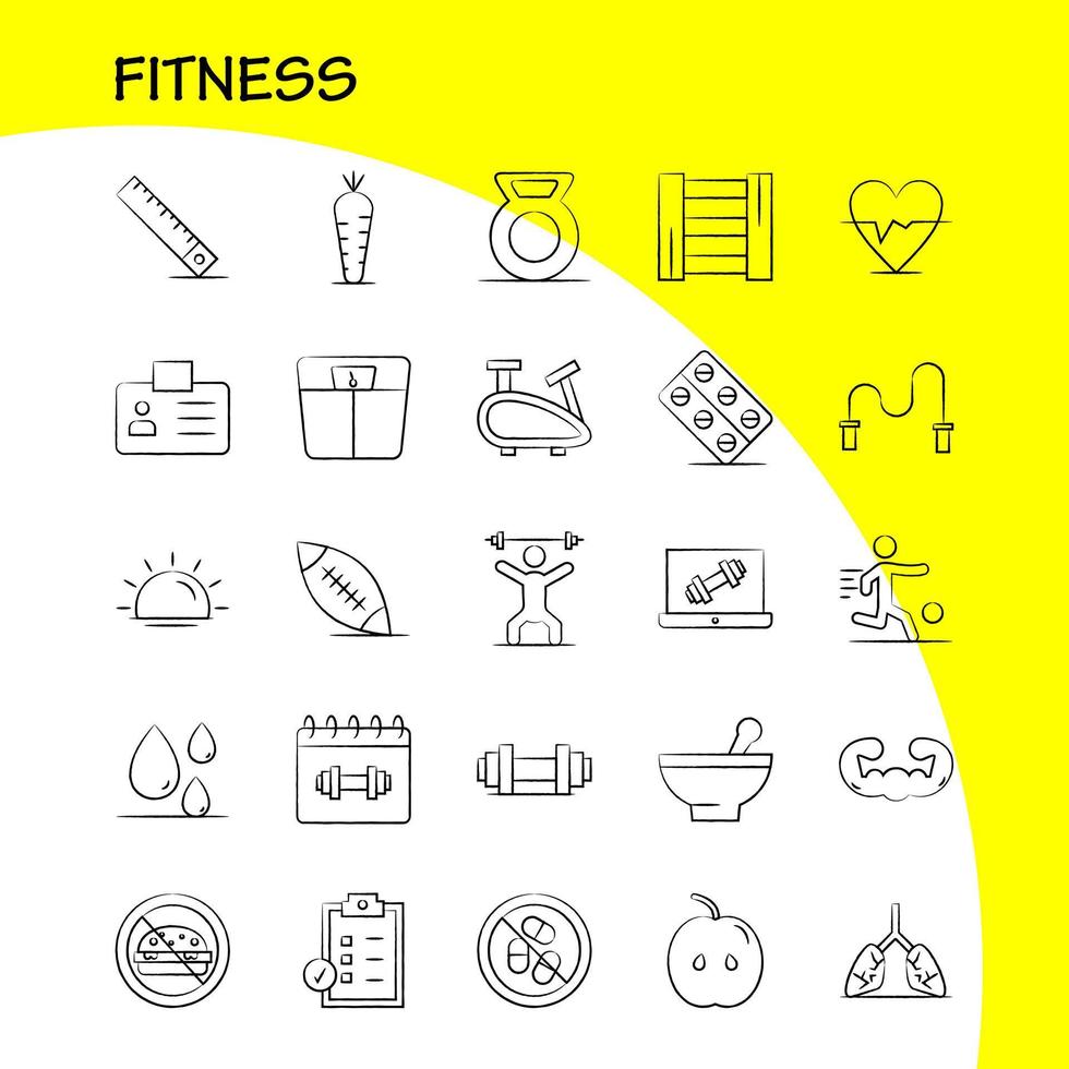 fitness icônes dessinées à la main définies pour l'infographie le kit uxui mobile et la conception d'impression incluent apple food fitness blood droop fitness carte d'identité jeu d'icônes vecteur