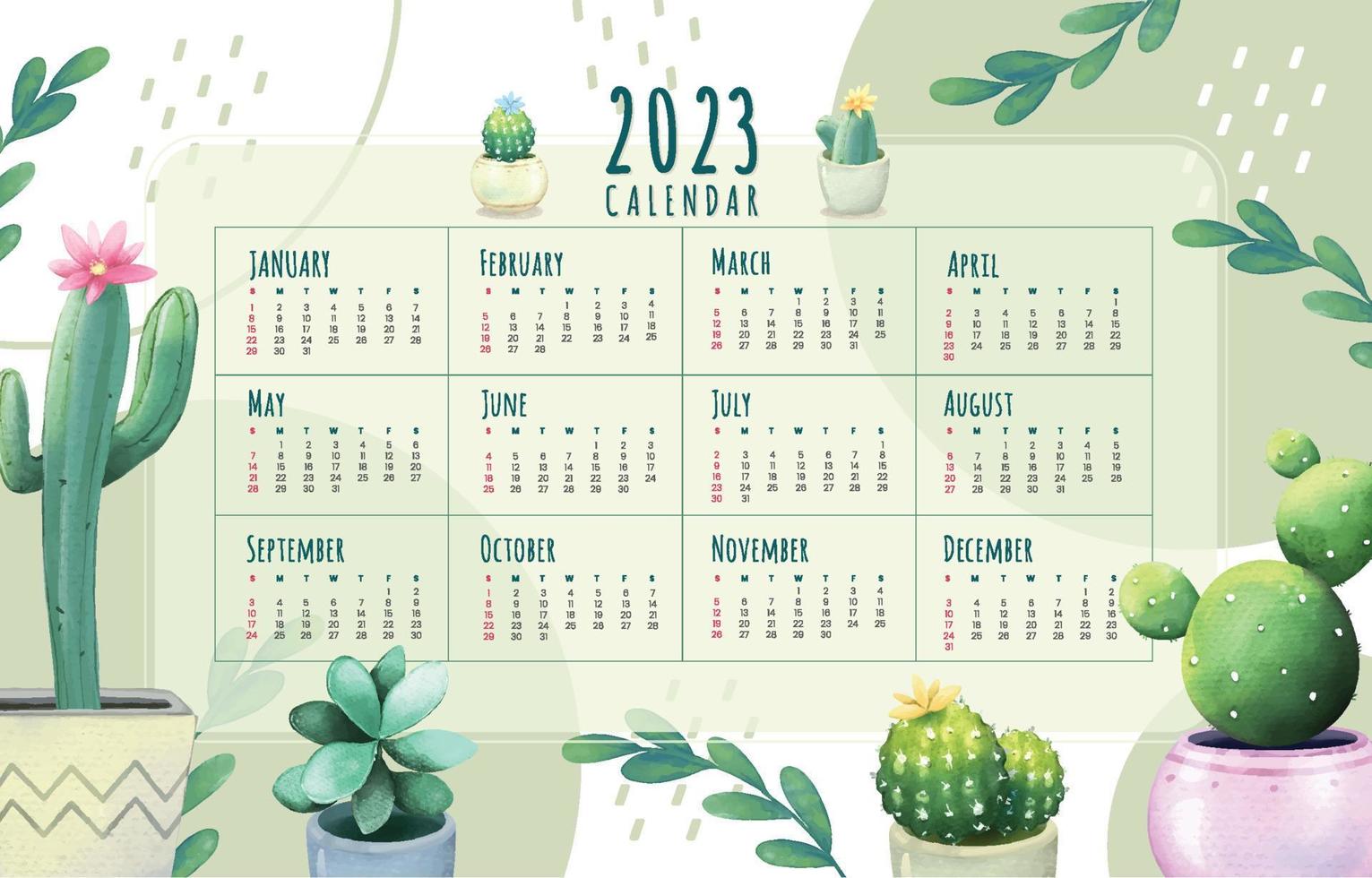 joli calendrier succulent aquarelle vecteur