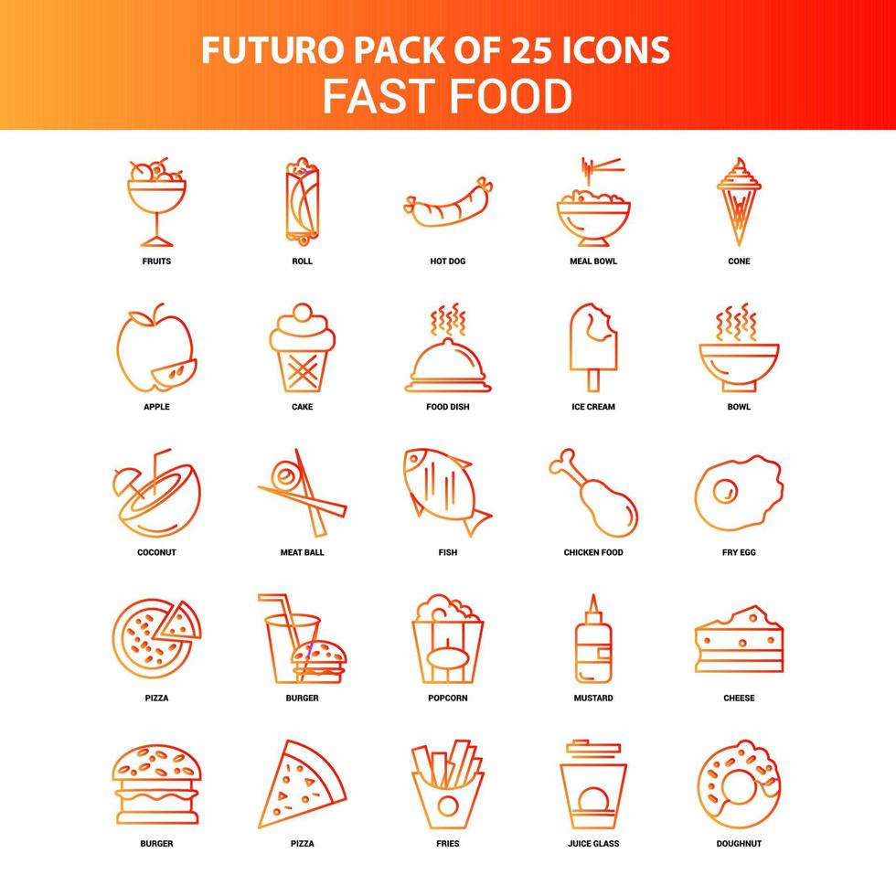jeu d'icônes de restauration rapide orange futuro 25 vecteur