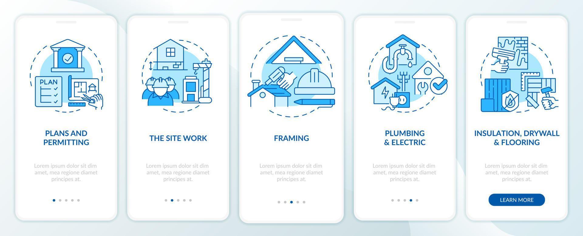 écran de l'application mobile d'intégration bleue des phases de construction de maisons. procédure pas à pas de construction instructions graphiques modifiables en 5 étapes avec des concepts linéaires. ui, ux, modèle d'interface graphique. vecteur