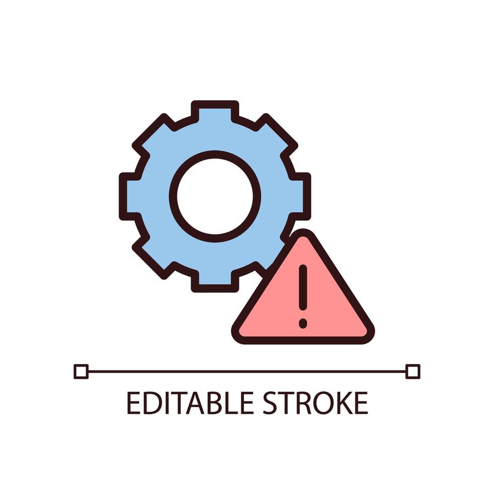 avertissement technique icône de couleur RVB parfaite pixel. problème de paramètres du programme. problème de configuration de l'appareil. illustration vectorielle isolée. dessin au trait rempli simple. trait modifiable. vecteur