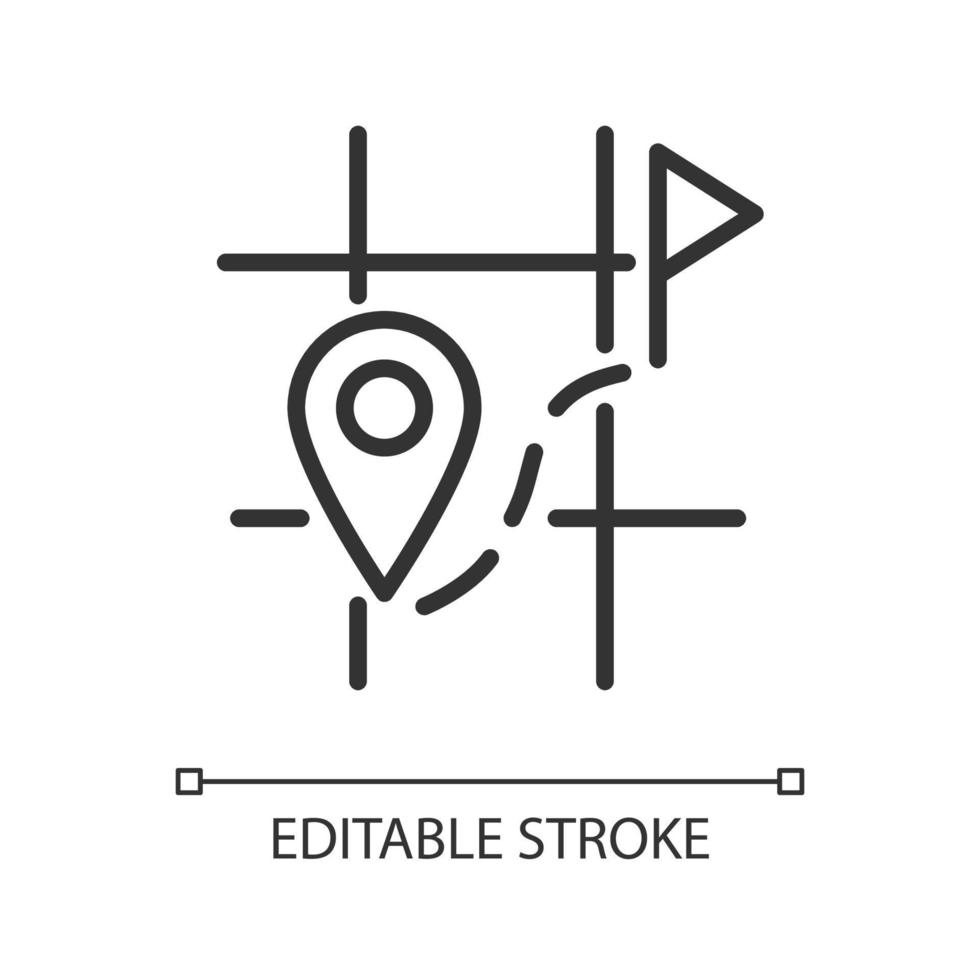 recherche de destination sur l'icône linéaire de la carte. suivi de localisation. surveillance en temps réel. la navigation. illustration de la ligne mince. symbole de contour. dessin de contour vectoriel. trait modifiable. vecteur