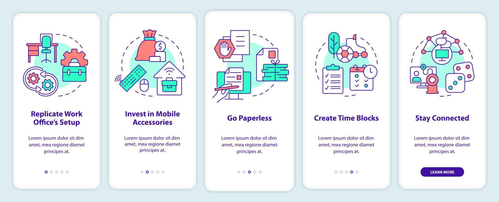 conseils de productivité du travail à distance sur l'écran de l'application mobile d'intégration. instructions graphiques modifiables en 5 étapes avec des concepts linéaires. ui, ux, modèle d'interface graphique. vecteur