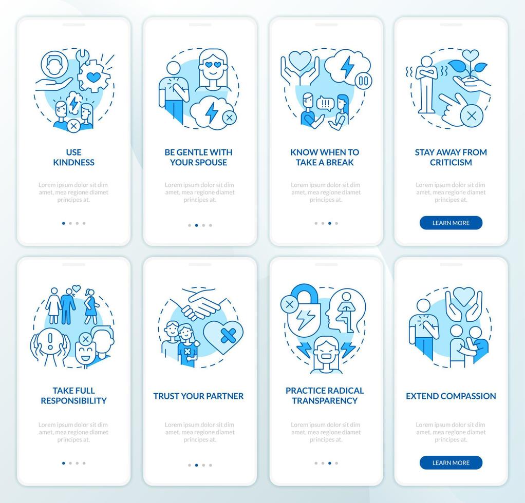 relation de réparation, ensemble d'écrans d'application mobile d'intégration bleu mariage. procédure pas à pas en 4 étapes instructions graphiques modifiables avec des concepts linéaires. ui, ux, modèle d'interface graphique. vecteur