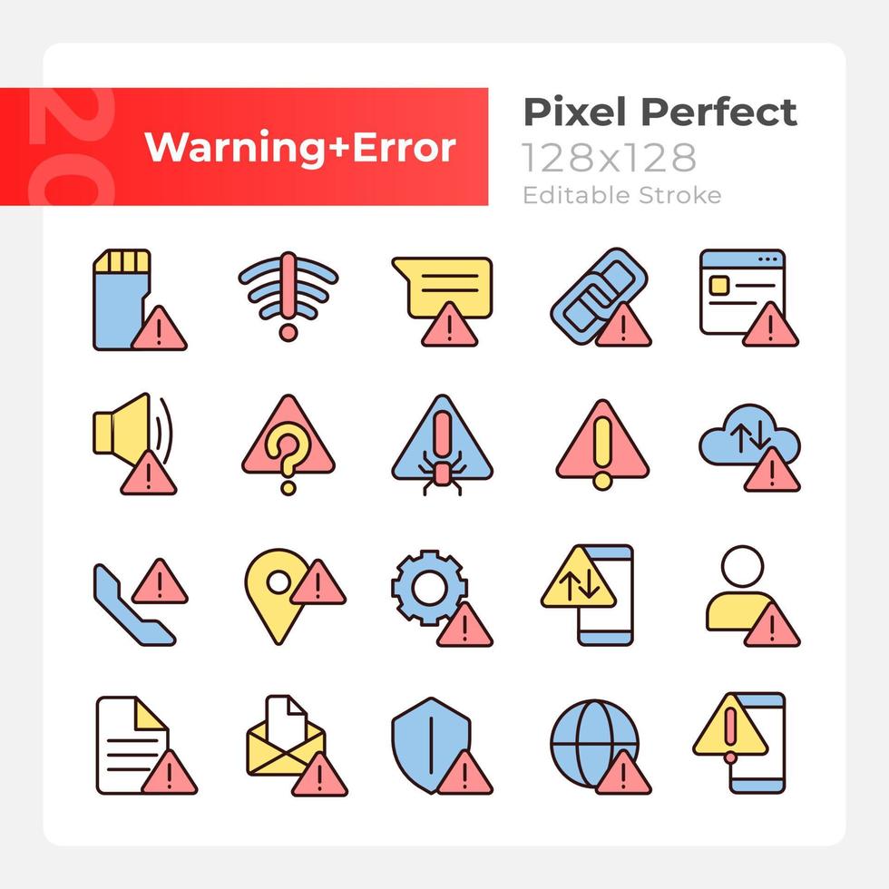 signaux d'avertissement ensemble d'icônes de couleur rvb pixel perfect. problème et problème. illustrations vectorielles isolées. collection de dessins au trait remplis simples. trait modifiable. montserrat gras, polices légères utilisées vecteur