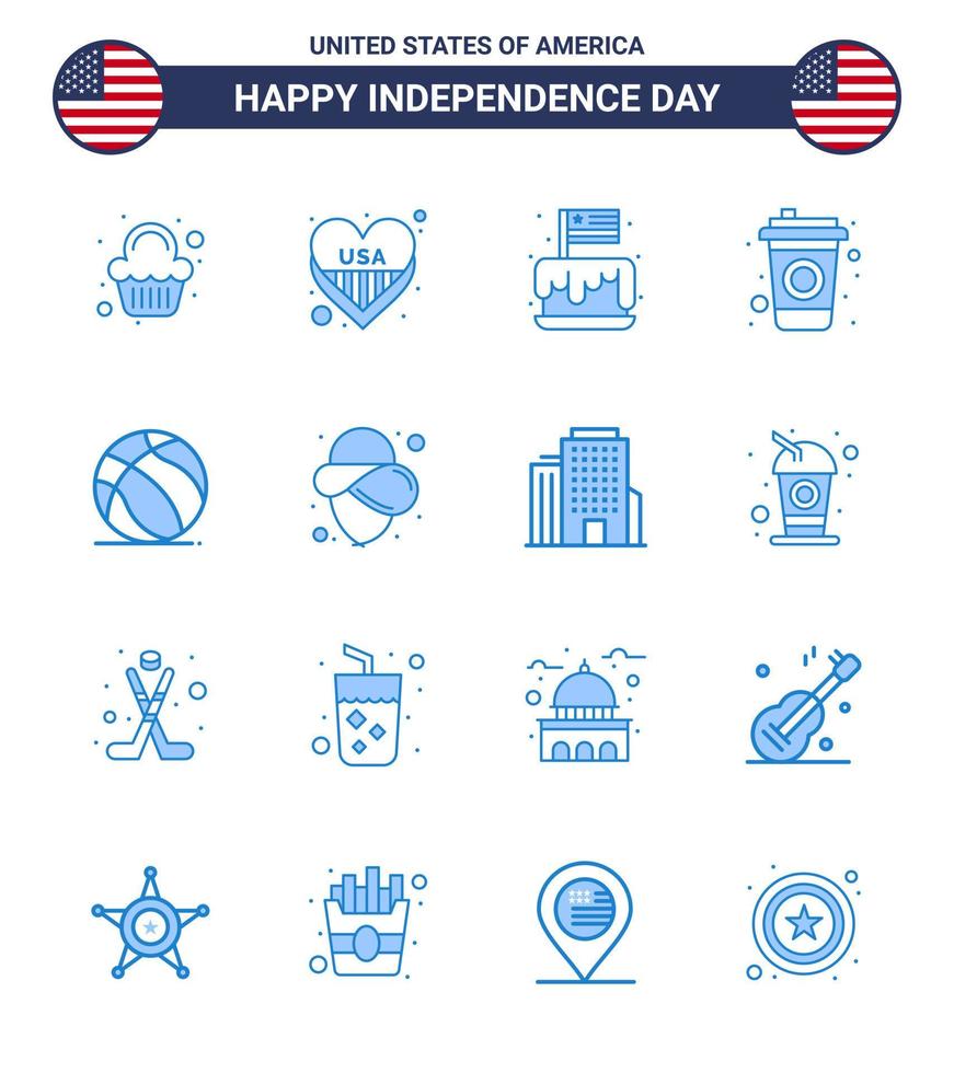 16 panneaux bleus pour le jour de l'indépendance des états-unis ball drink festival cola usa modifiable usa day vector design elements