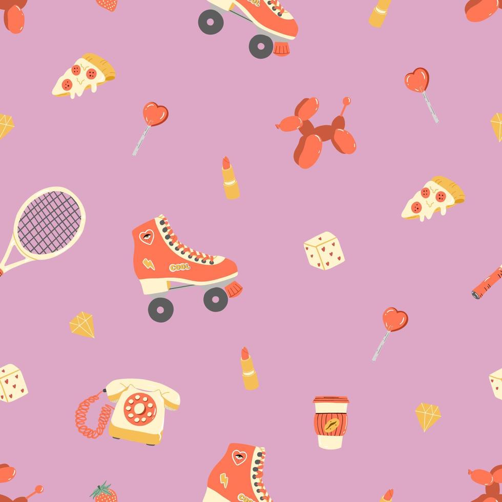 modèle sans couture avec des éléments rétro mignons. patins à roulettes, raquette de tennis, téléphone rétro, café et etc. illustration vectorielle dessinée à la main vecteur