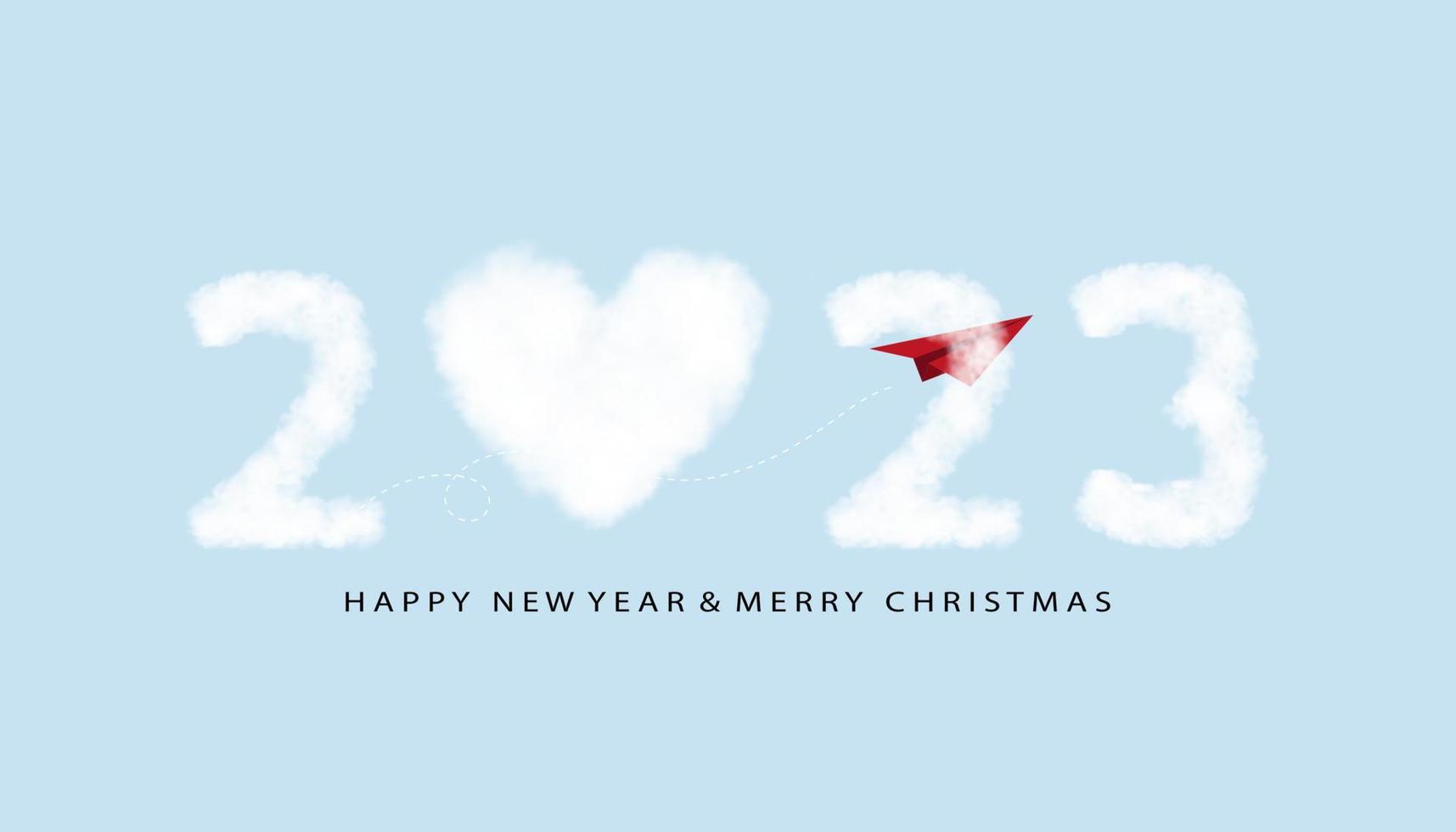 bonne année numéro 2023 avec des nuages de coeur, avion en papier rouge volant jusqu'au ciel, texte d'illustration vectorielle 2023 sur fond bleu pour le calendrier, conception de bannières pour le nouvel an ou les vacances de noël vecteur