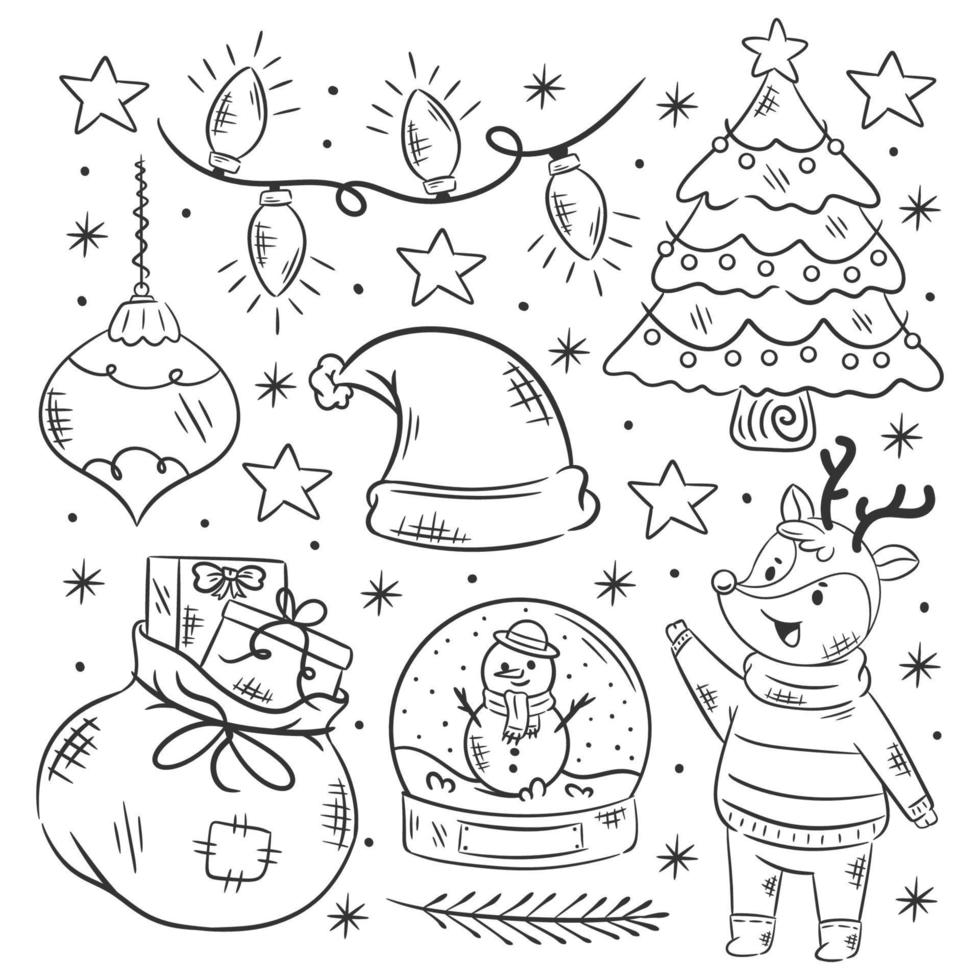 collection d'éléments de noël coloriage dessiné à la main vecteur