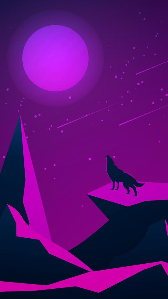 paysage nocturne futuriste avec des montagnes et un loup hurlant à la lune. rocher polygonal. ciel étoilé violet avec lune et pluie de météorites. illustration vectorielle verticale. vecteur