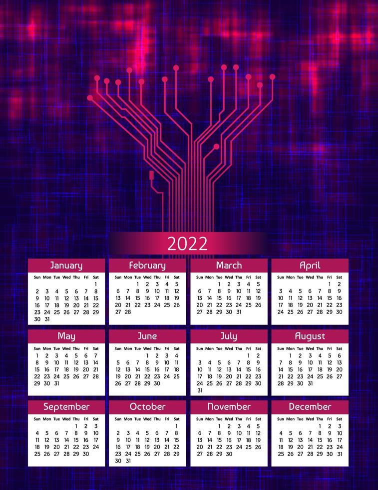 calendrier annuel futuriste vertical 2022 avec pistes pcb, la semaine commence le dimanche. grand calendrier mural annuel illustration numérique moderne colorée en rouge et bleu. format de papier lettre a4 us. vecteur