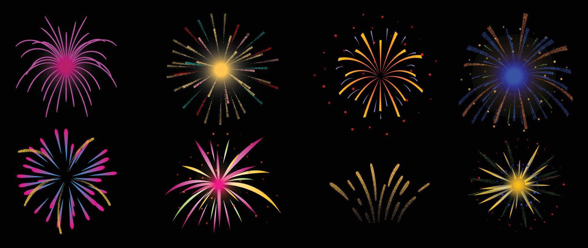 ensemble d'illustration vectorielle de feu d'artifice de nouvel an. collection de feux d'artifice colorés et éclatants sur fond noir. conception d'art adaptée à la décoration, à l'impression, à l'affiche, à la bannière, au papier peint, à la carte, à la couverture. vecteur